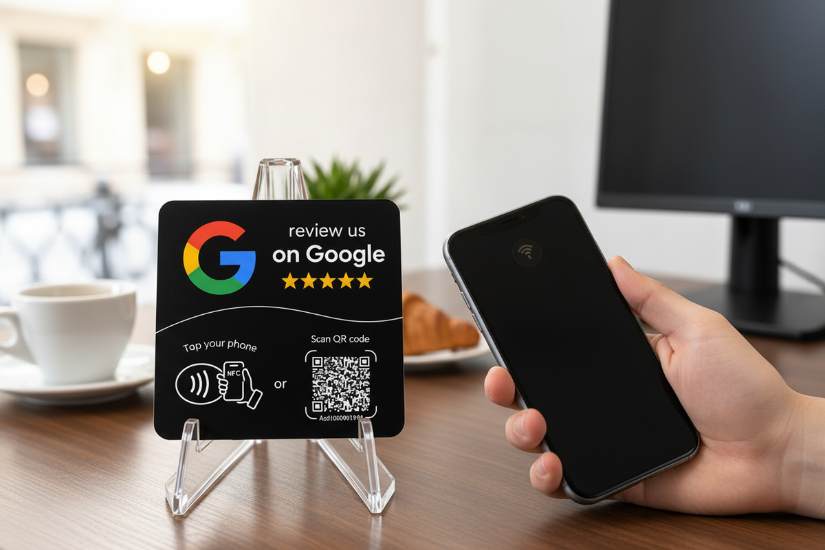 Support de carte NFC Google avec QR code sur une table de café, accompagné d’un téléphone